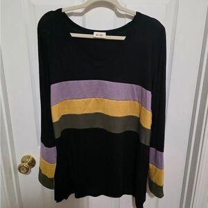 BiBi Black Long Sleeve Top with Purple, Yellow, and Green Stripes